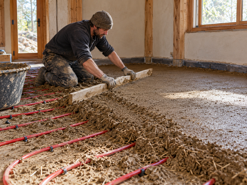 AI-generated image: screeding the rough clay layer over radiant-floor pipes