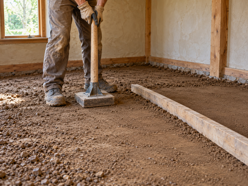 AI-generated image: compacting the ground layer before building a clay floor