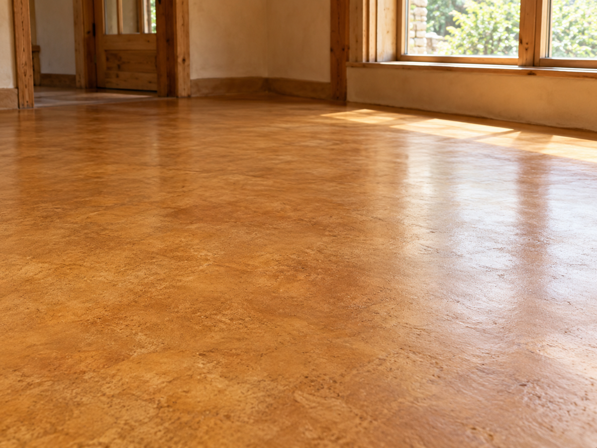 AI-generated image: finished clay floor with window light reflecting on the surface