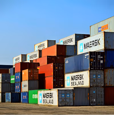 Empilement de conteneurs d'expédition colorés sur une aire de stockage sous un ciel bleu clair.