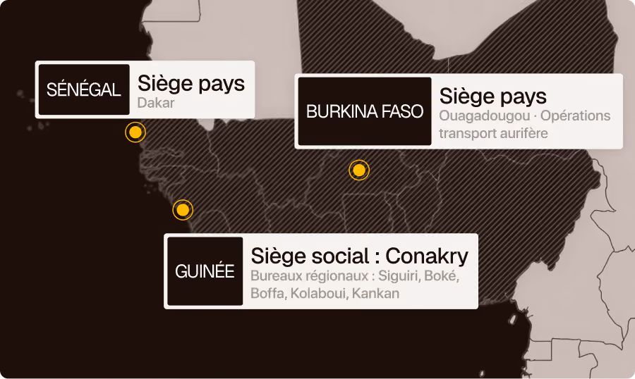 Carte Afrique avec Sénégal, Burkina Faso, Guinée indiquant sièges et bureaux régionaux.