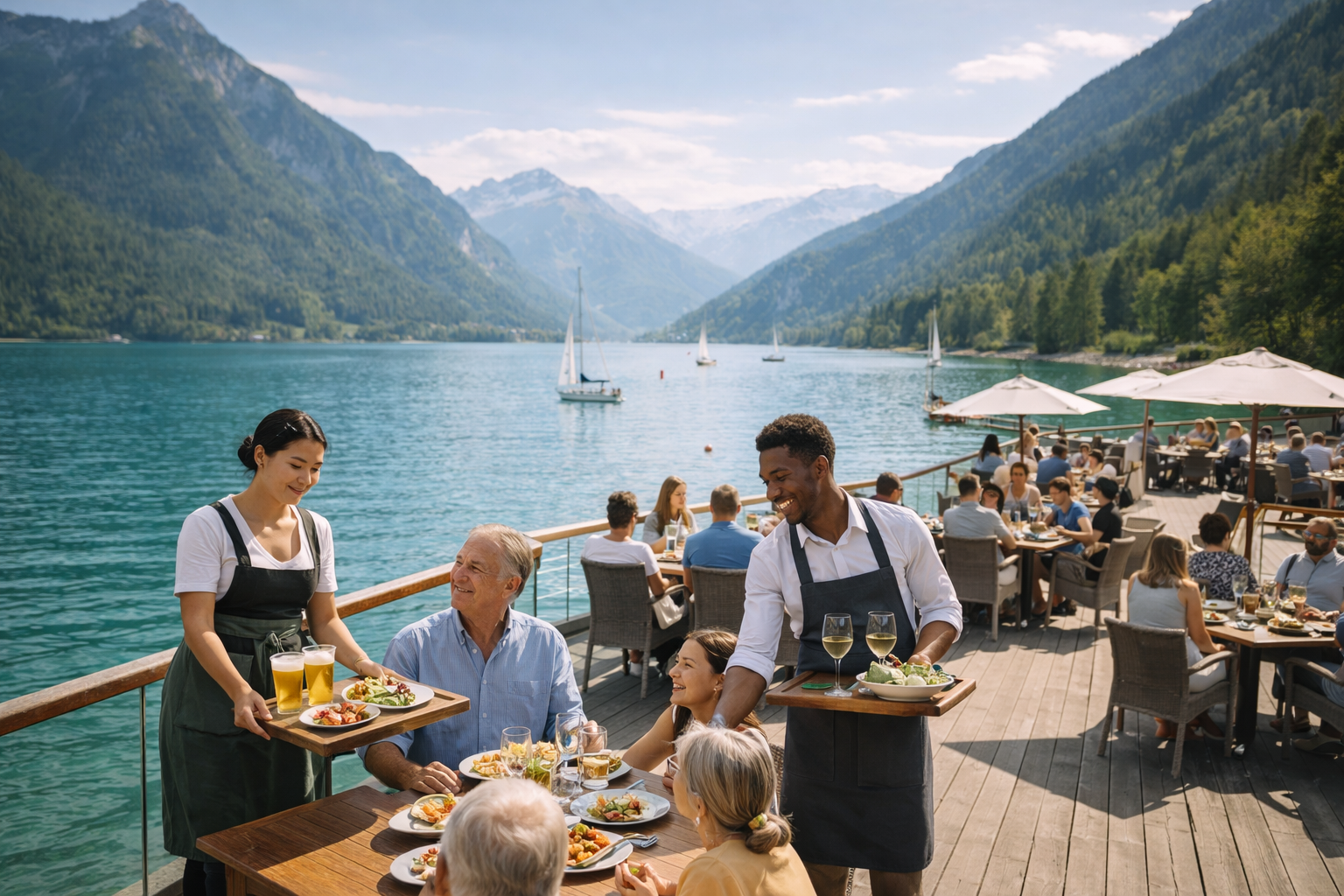 Waitstaff serving food and drinks to diners at a lakeside restaurant with mountains and sailboats in the background.