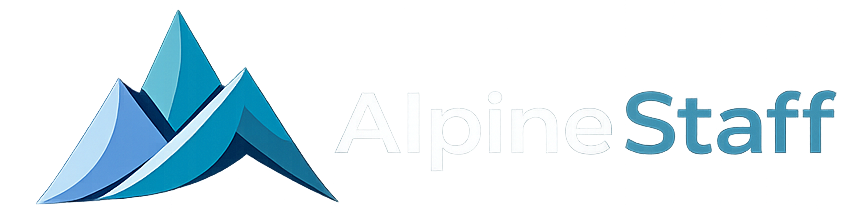 AlpineStaff logo with stylized blue mountain peaks to the left.