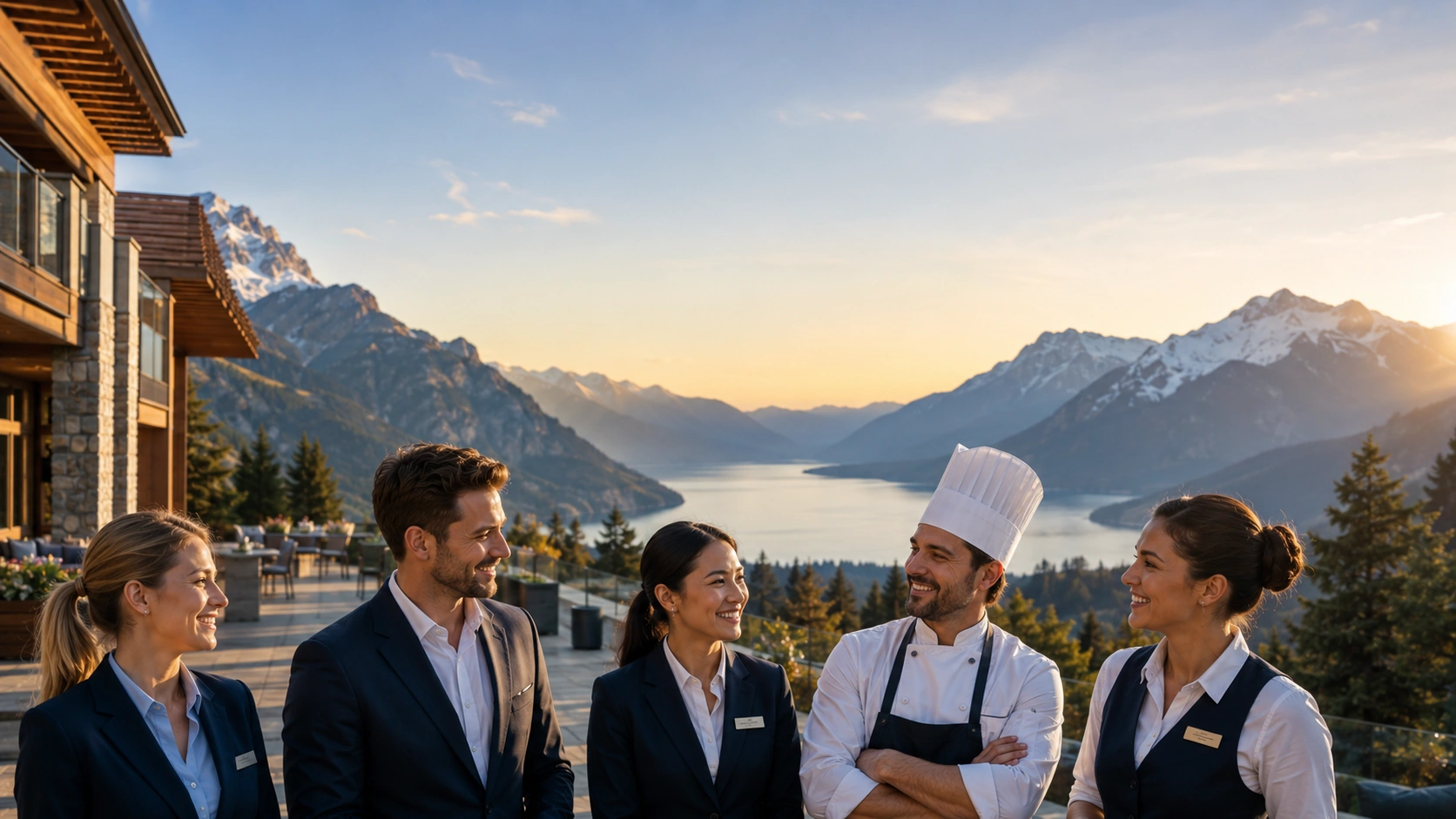 Hotel staff including stand outside a mountain lodge overlooking a lake and snow-capped peaks at sunset.