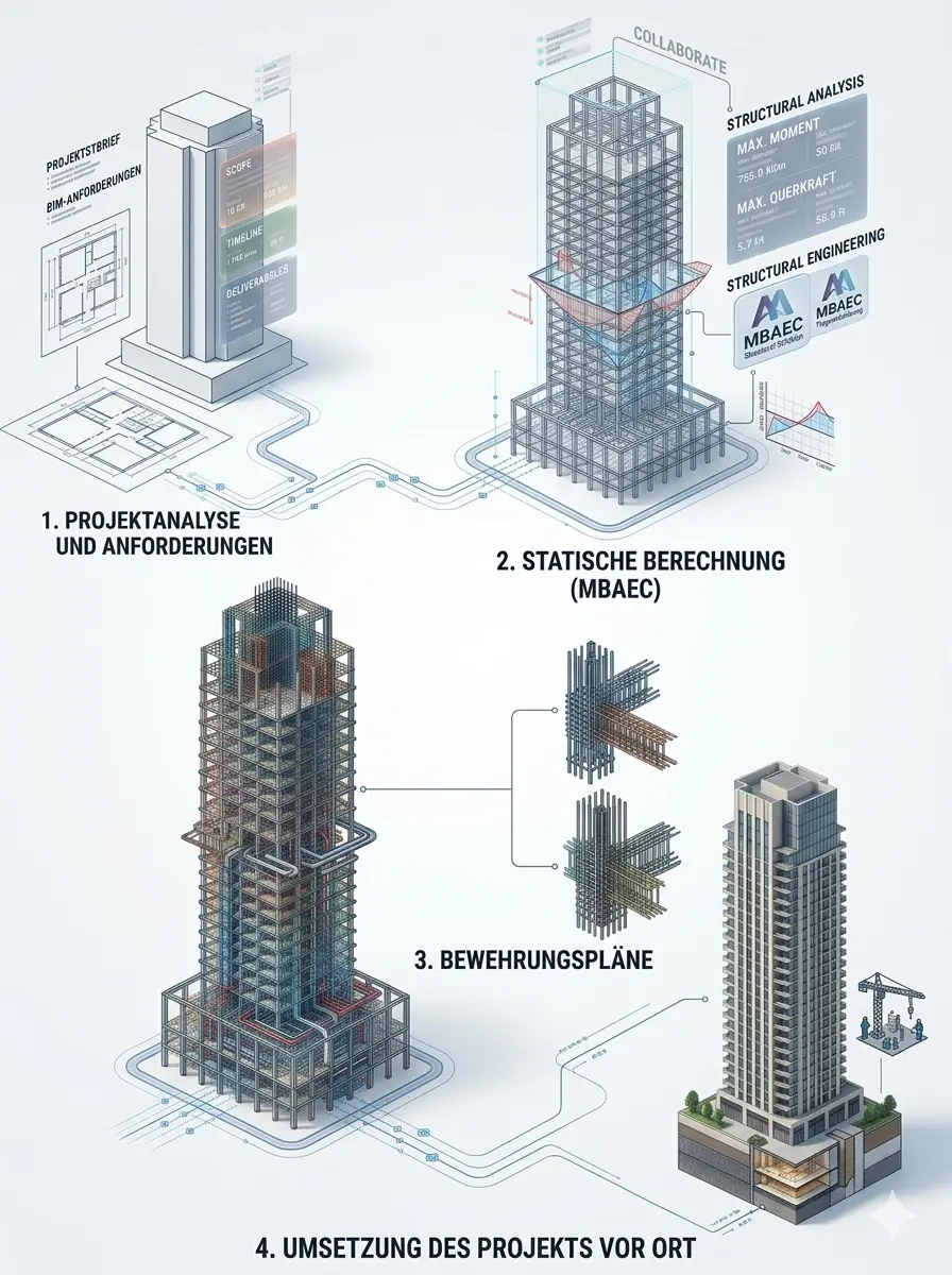 Visueller Ablauf eines Tragwerksprojekts mit Projektanalyse, statischen Berechnungen, Bewehrungsplanung und Umsetzung auf der Baustelle.
