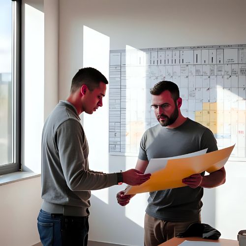 Two engineering professionals reviewing structural drawings and discussing project planning in a modern office environment.