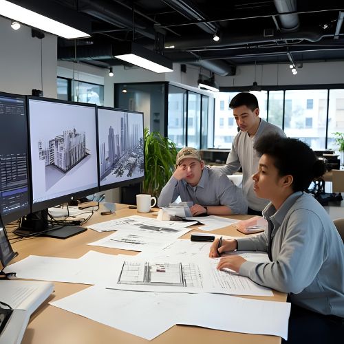 Engineering team collaborating around BIM and architectural models using digital design tools in a contemporary workspace.