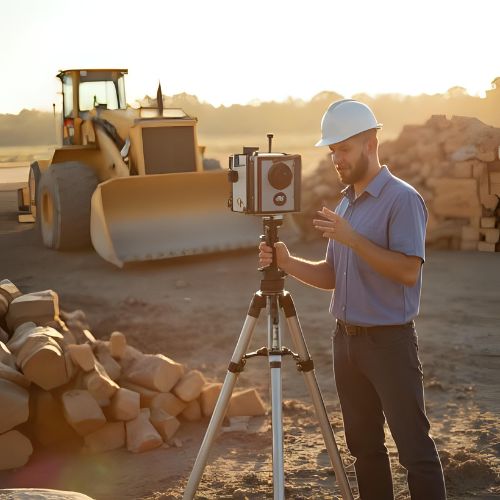 Site engineer conducting precision surveying and measurement work on a construction site using advanced engineering equipment.