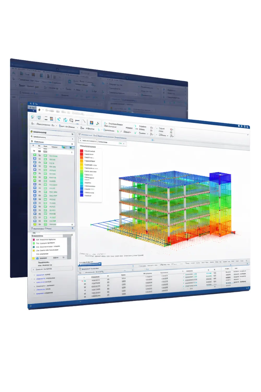 Digital structural analysis and BIM modelling interface displaying a multi storey building model with engineering data and load visualisation.