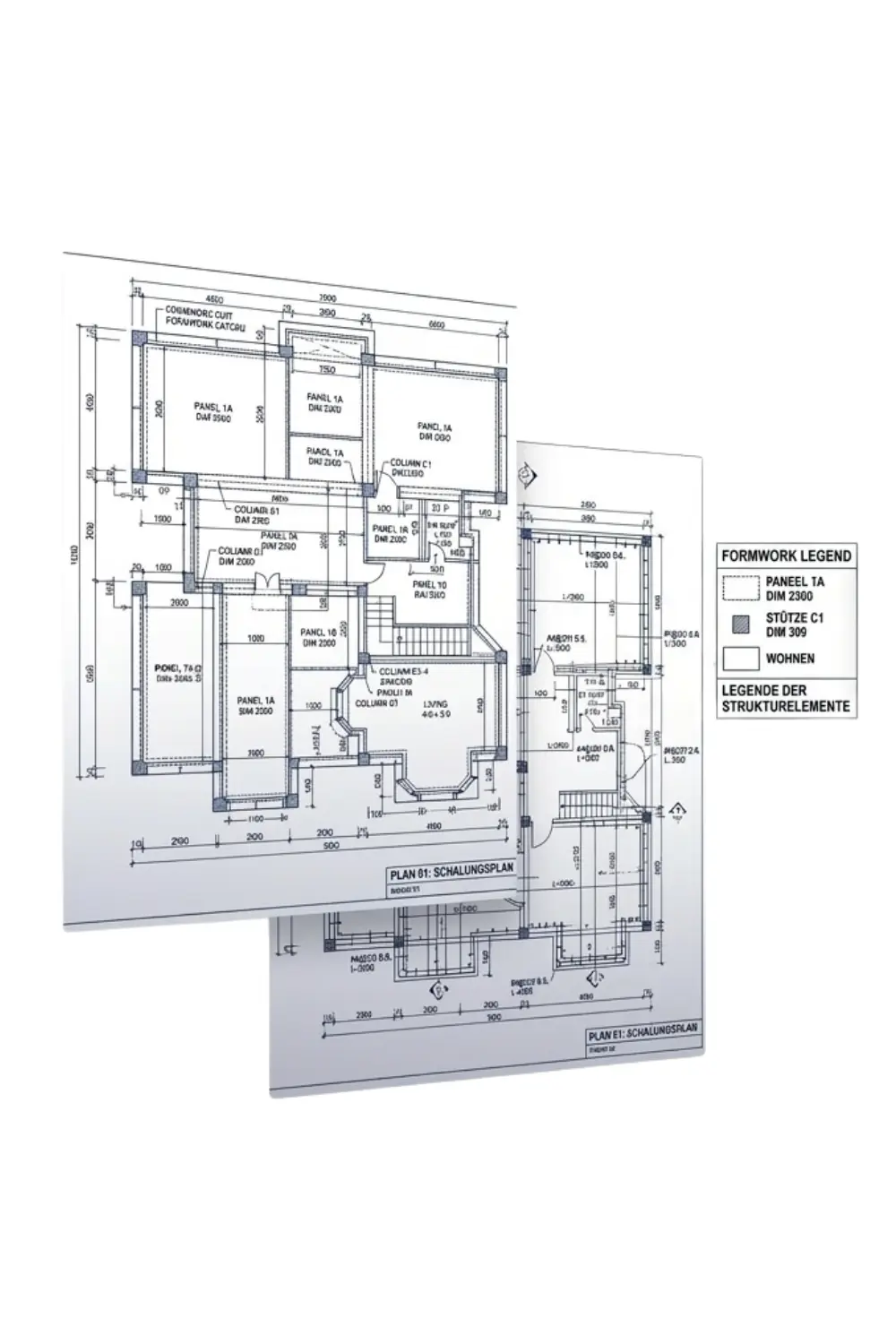Technical formwork and structural detailing drawing showing dimensions, layouts, and reinforced concrete elements.