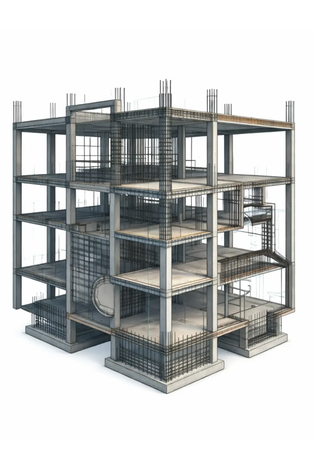 Detailed 3D BIM model of a reinforced concrete multi storey building showing structural framework and reinforcement elements.