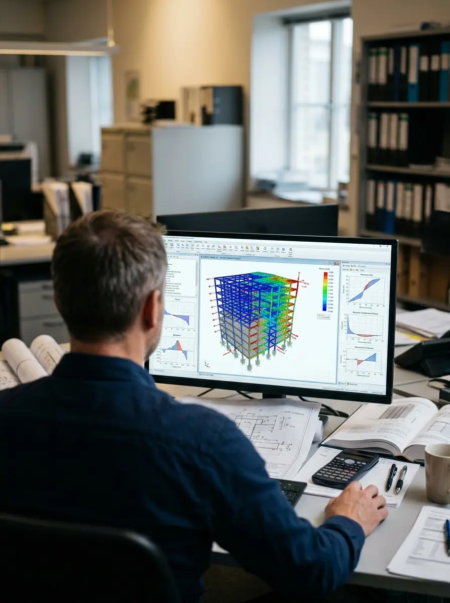 Structural engineer working at a computer workstation reviewing a digital building analysis model and engineering calculations.