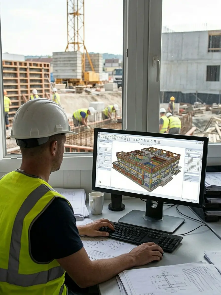 Structural engineer reviewing a BIM construction model at a workstation overlooking an active construction site with reinforced concrete works in progress.