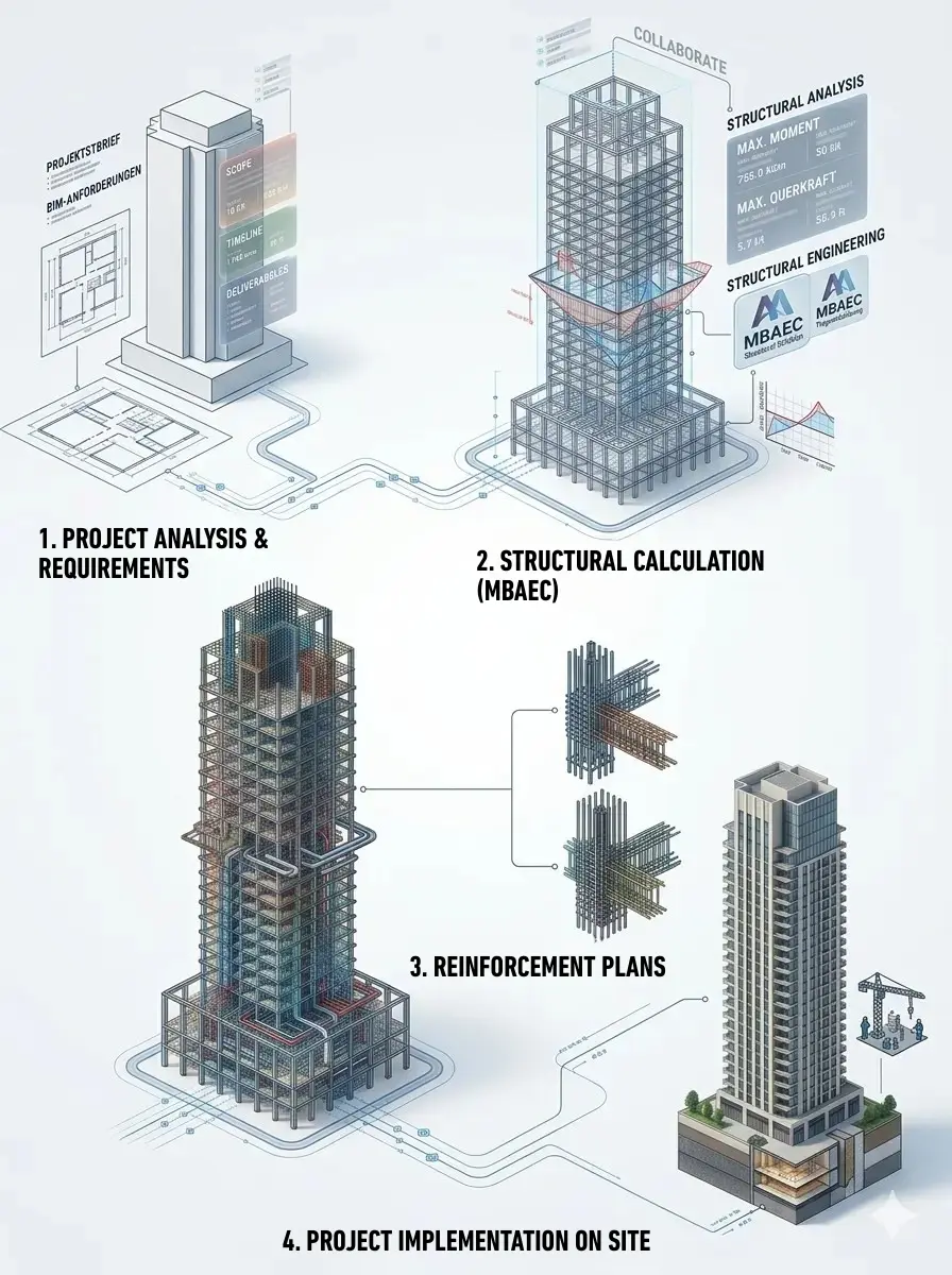 Visual workflow of a structural engineering project showing project analysis, structural calculations, reinforcement planning, and on site project execution.