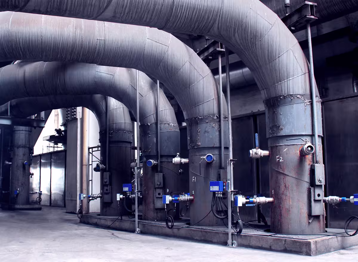Large industrial pipes and valves equipped with EUtech diagnostic systems in a power plant setting.