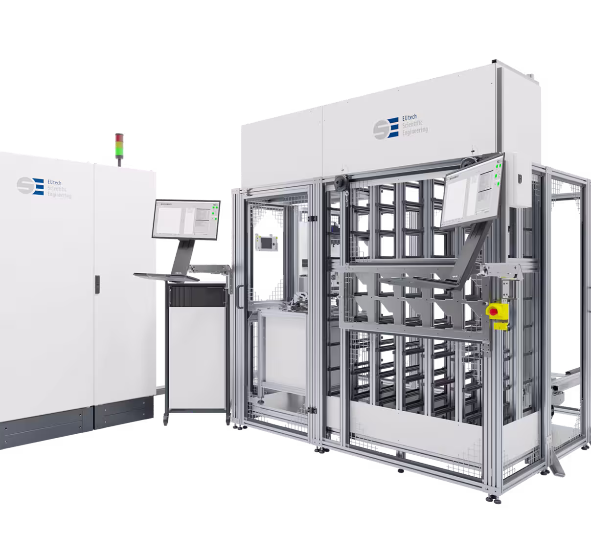 Automated tile handling system with metal frame, safety enclosure, and dual computer monitors in a clean industrial environment.
