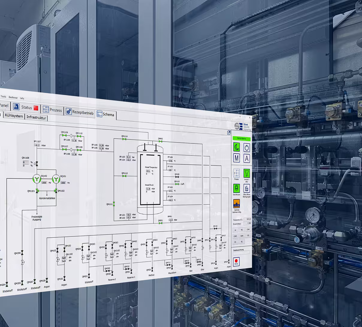 Control panel interface overlaying photo of industrial equipment and piping in a processing facility.