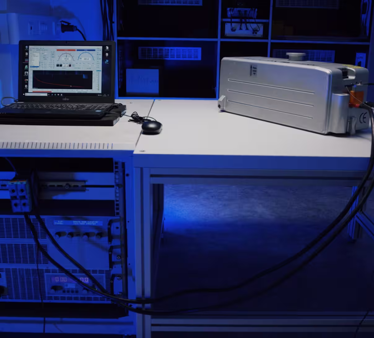 Laptop showing data graphs connected to a silver battery testing instrument on a white laboratory table.
