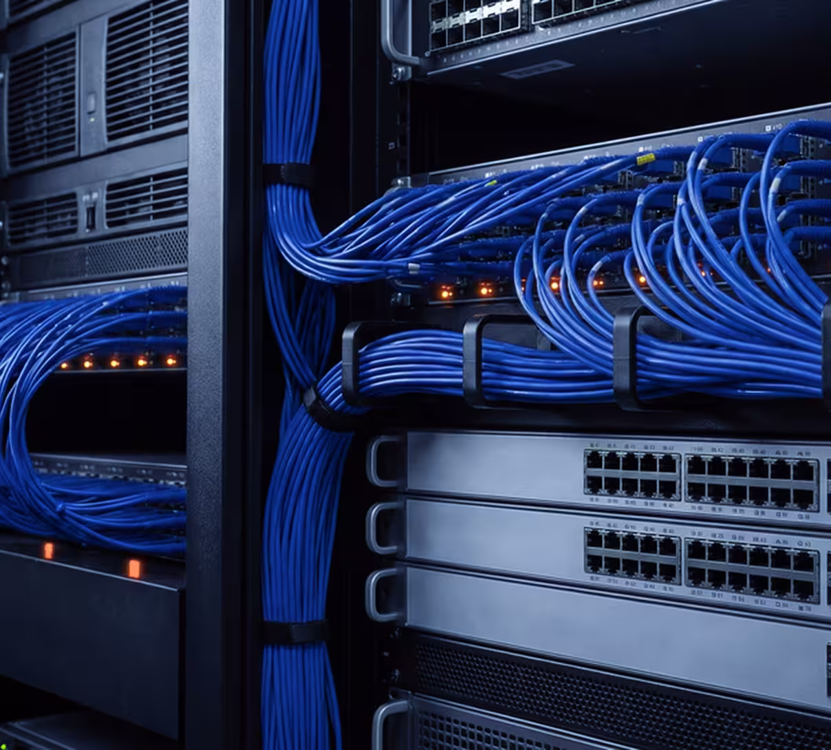 Close-up of network servers with organized blue Ethernet cables in a data center rack.