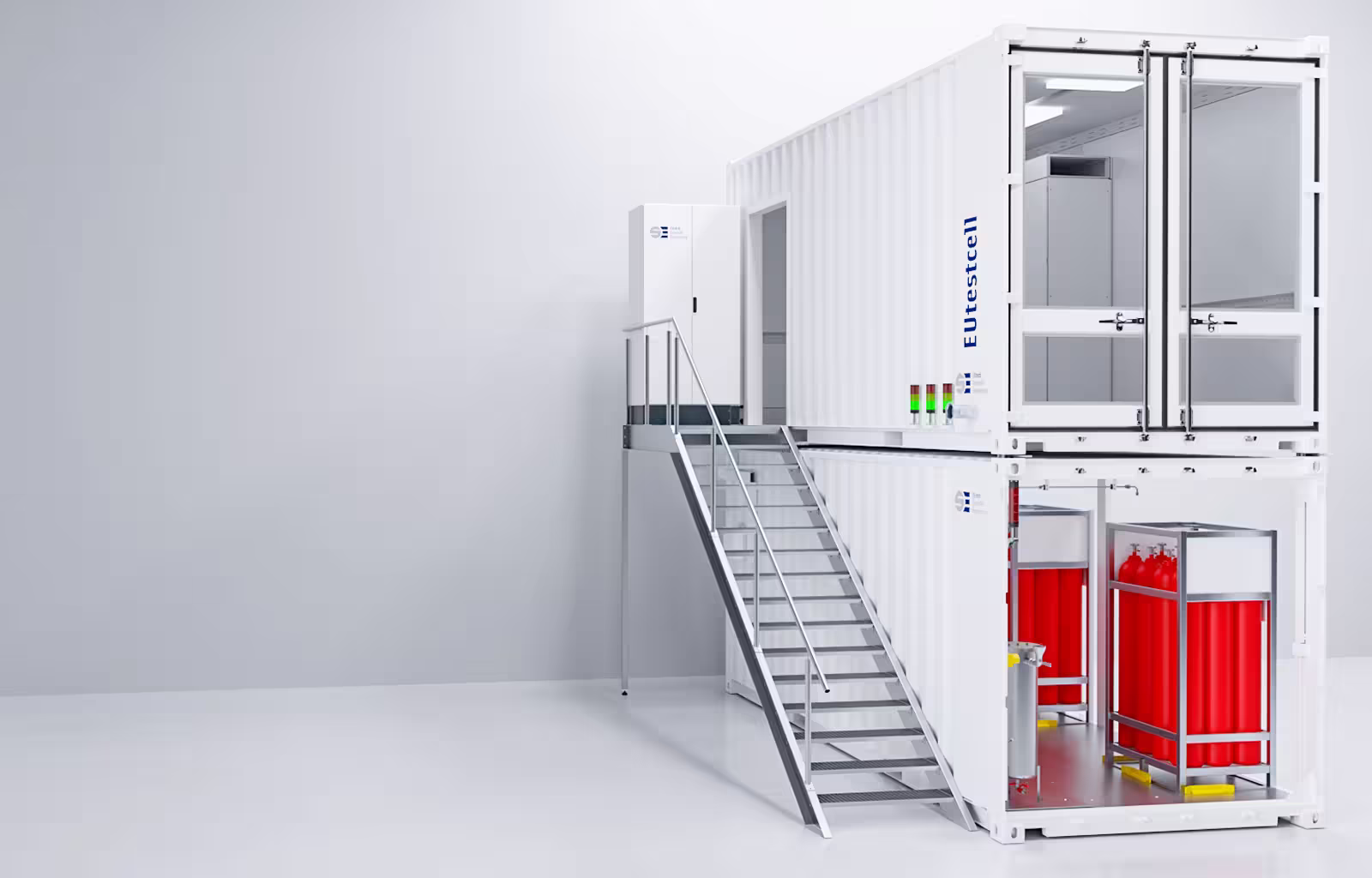 Two-level white hydrogen and fuel cell testcontainer with glass doors on top and red hydrogen cylinders stored inside lower level.