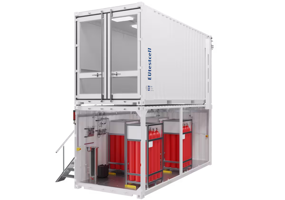 Two-level white hydrogen and fuel cell testcontainer with glass doors on top and red hydrogen cylinders stored inside lower level.