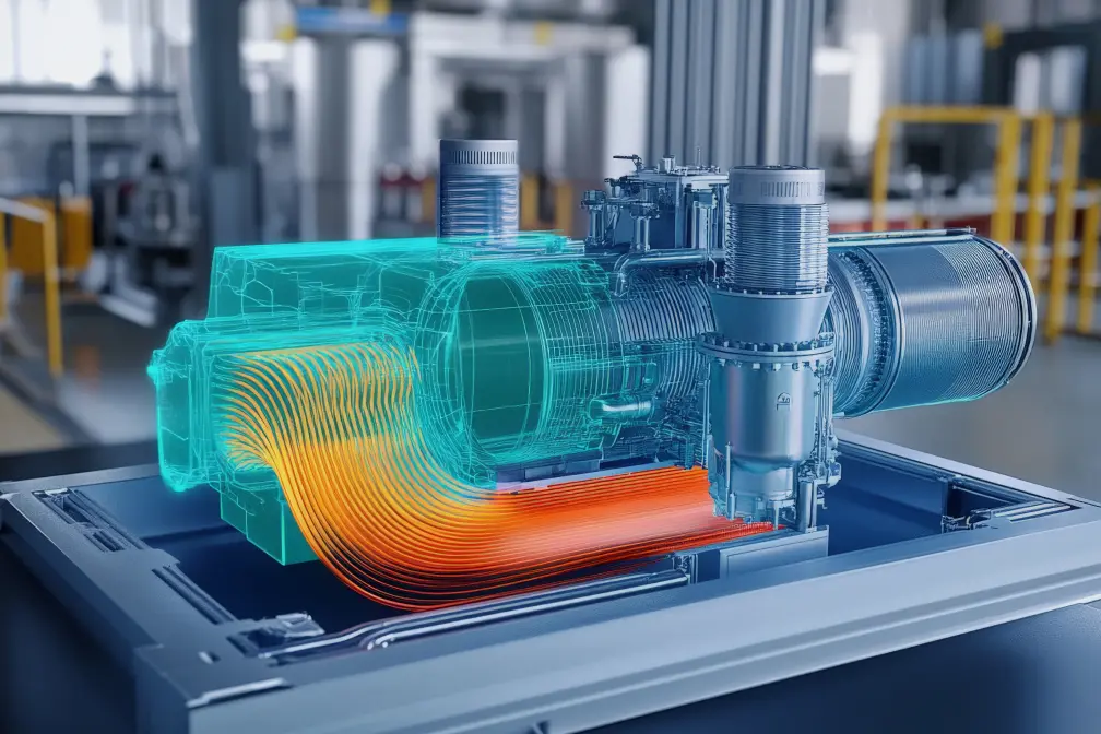 3D thermodynamic simulation of airflow through a turbine engine in an industrial setting.