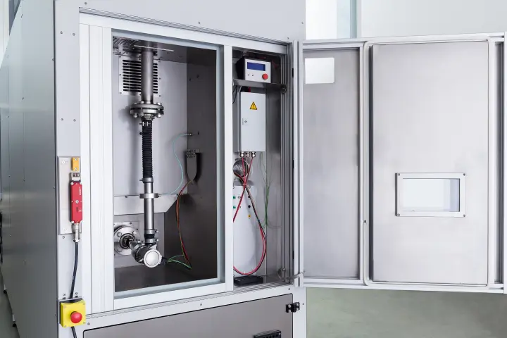 Pump test stand with exposed wiring, piping, and control components in a test facility.