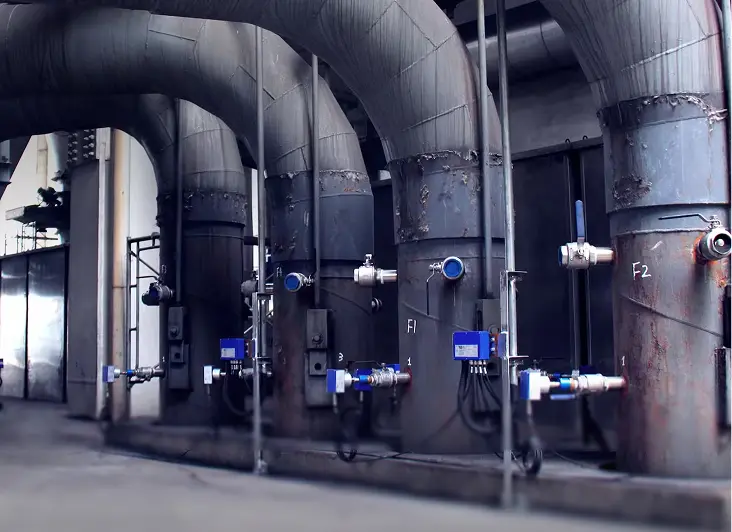 Industrial piping and valves with EUtech EUcoalflow diagnostic systems in a power plant.