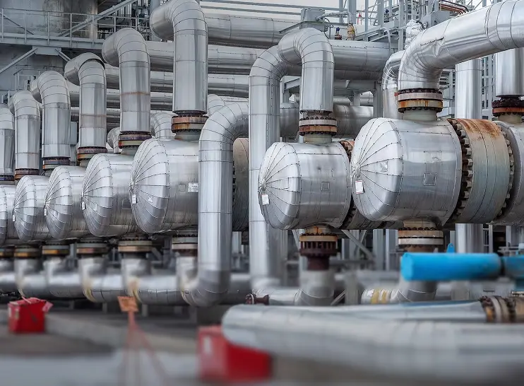 Close-up of multiple large silver industrial pipes and valves in a factory setting.
