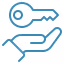 Icon of a hand holding a key representing access or security.