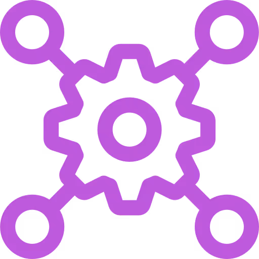 Purple gear icon connected to four surrounding circles by lines.