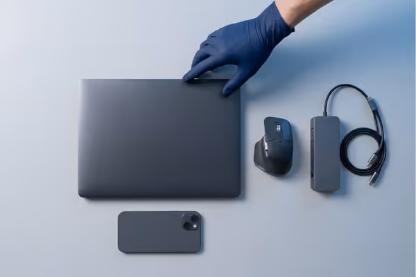 Gloved hand holding closed black laptop next to black wireless mouse, USB-C hub, and smartphone on gray surface.