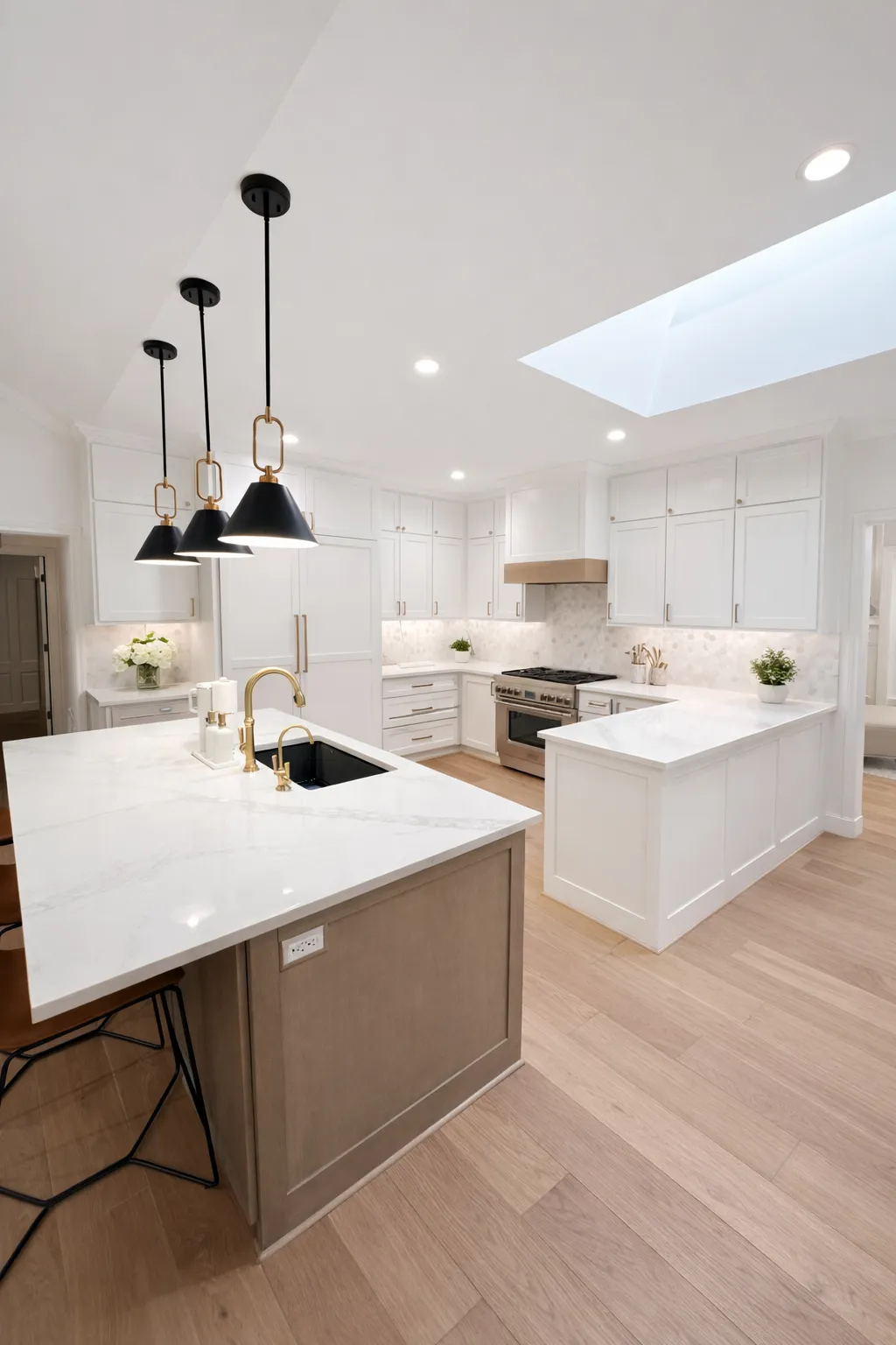 Completed kitchen remodel with white cabinetry, quartz island and skylight
