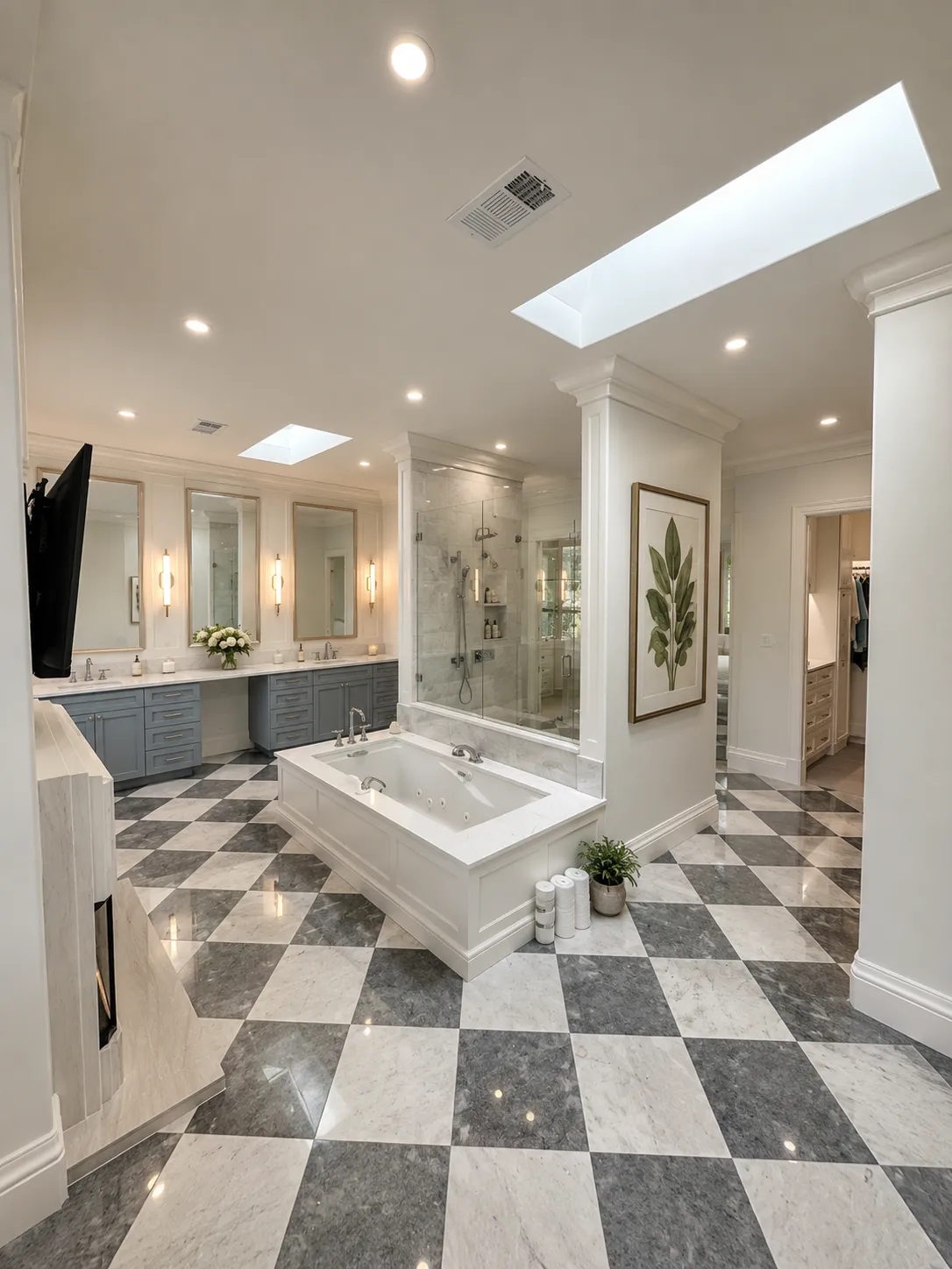 Primary bathroom remodel with soaking tub, double vanity and checkerboard marble floor