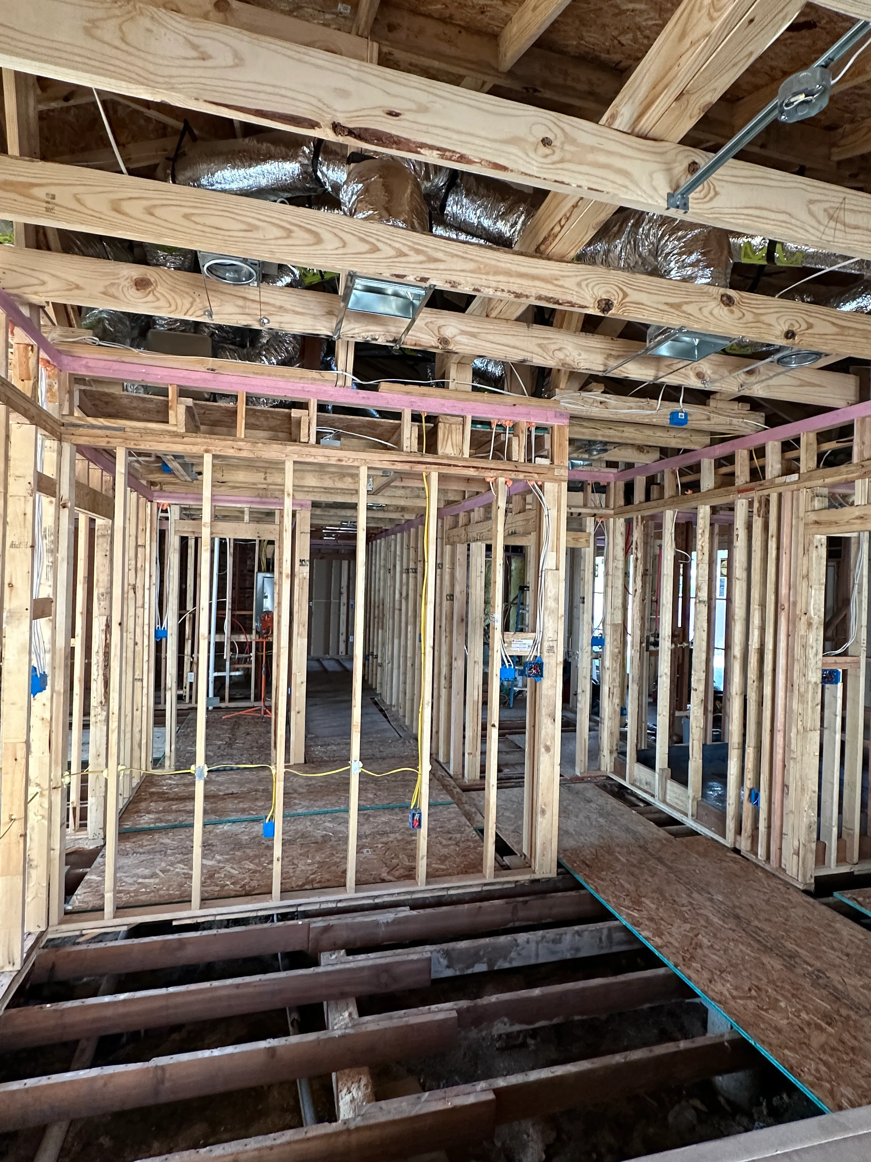 Framing with window openings and foundation work