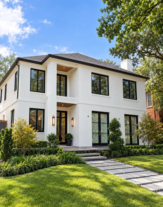 White stucco two-story home with black steel-framed windows and French doors