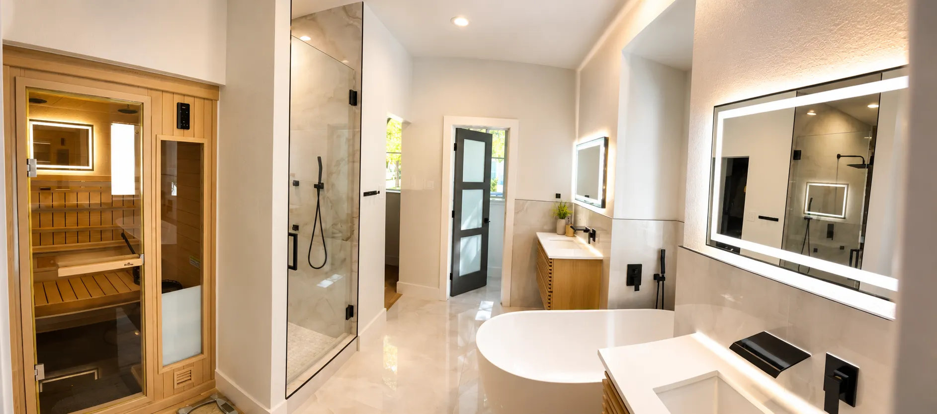 Primary bath with sauna, glass shower and freestanding tub