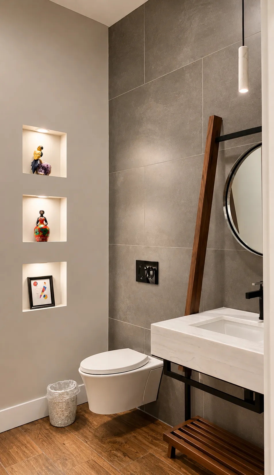 Powder room with large-format tile, lit art niches and floating marble vanity