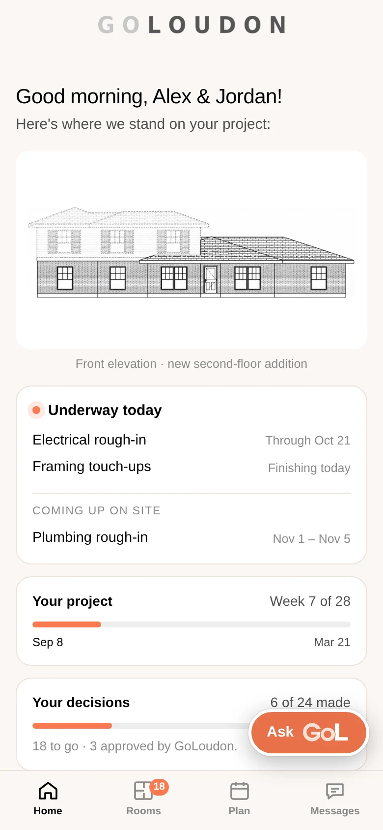 Client Studio home screen showing today's site work, project progress and decisions made