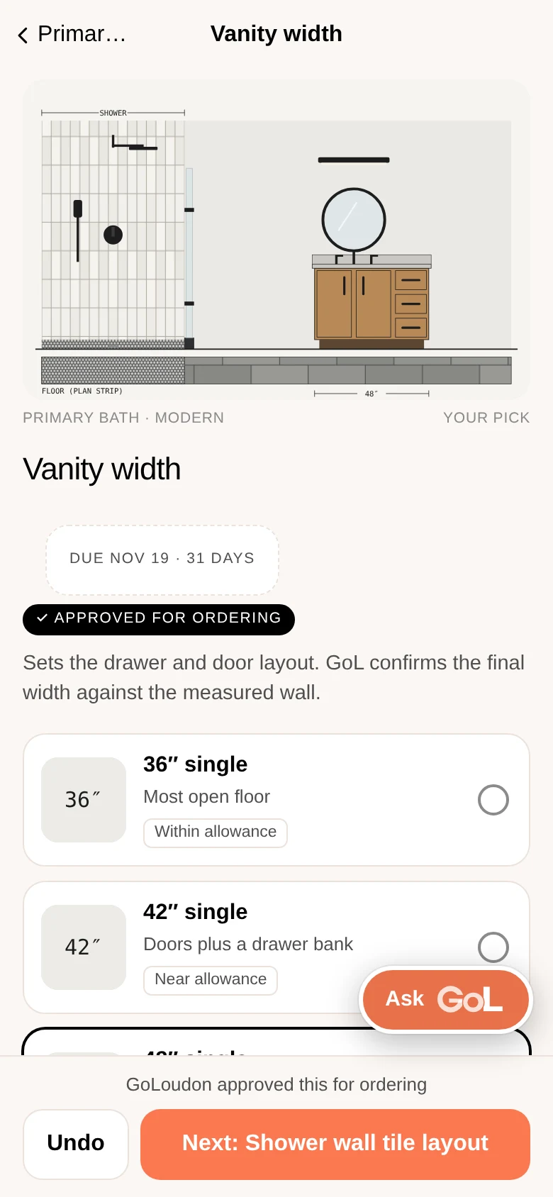 Client Studio selection screen comparing vanity width options on a drawing of the room