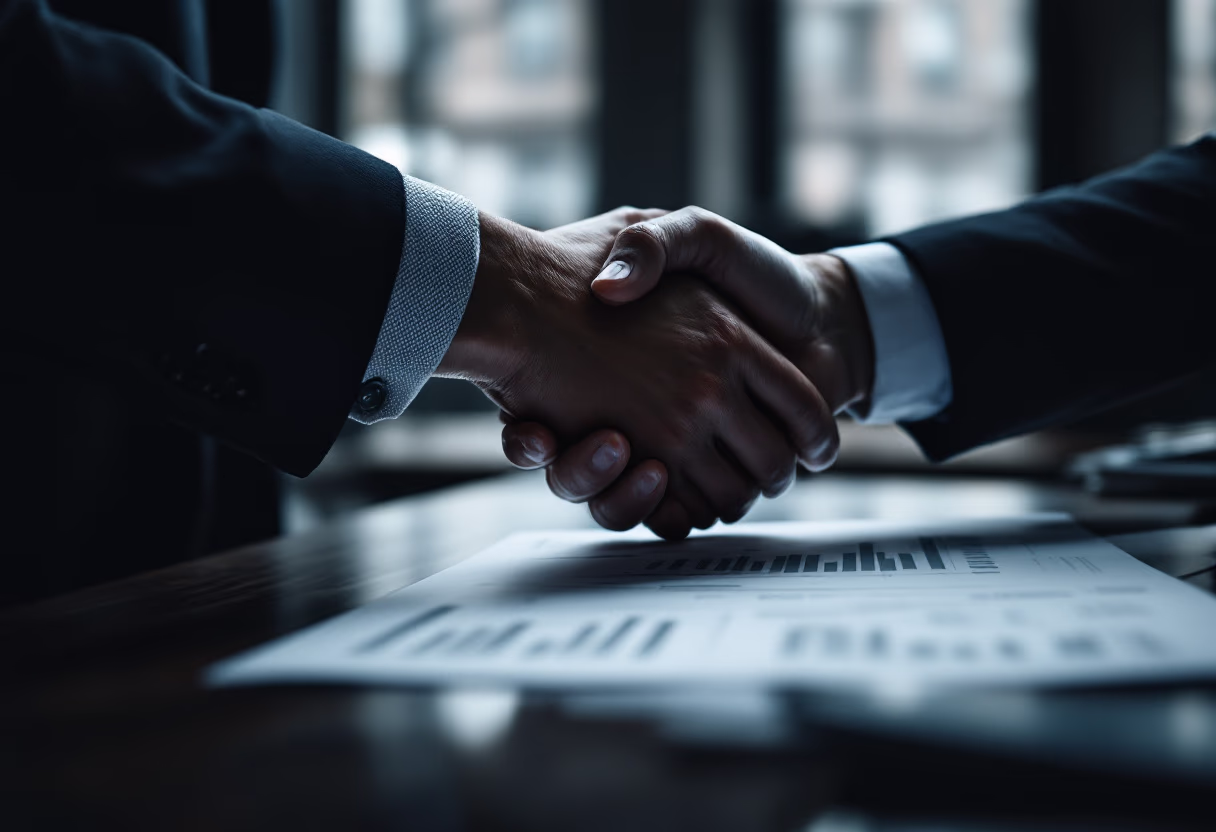 image of handshake over a financial report