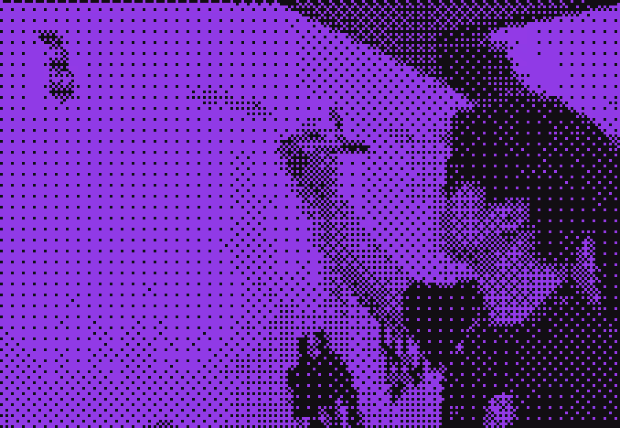 A person writing or drawing on a vertical surface, facing right, in a dot-pattern black and purple style.