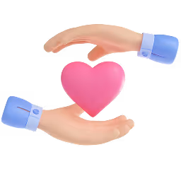 Two hands in blue cuffs gently holding a pink heart symbol.