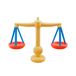 Yellow balance scale with two red pans held by blue chains.