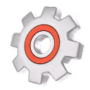 A gray gear with a red ring and a black, white, and gray eye in the center.