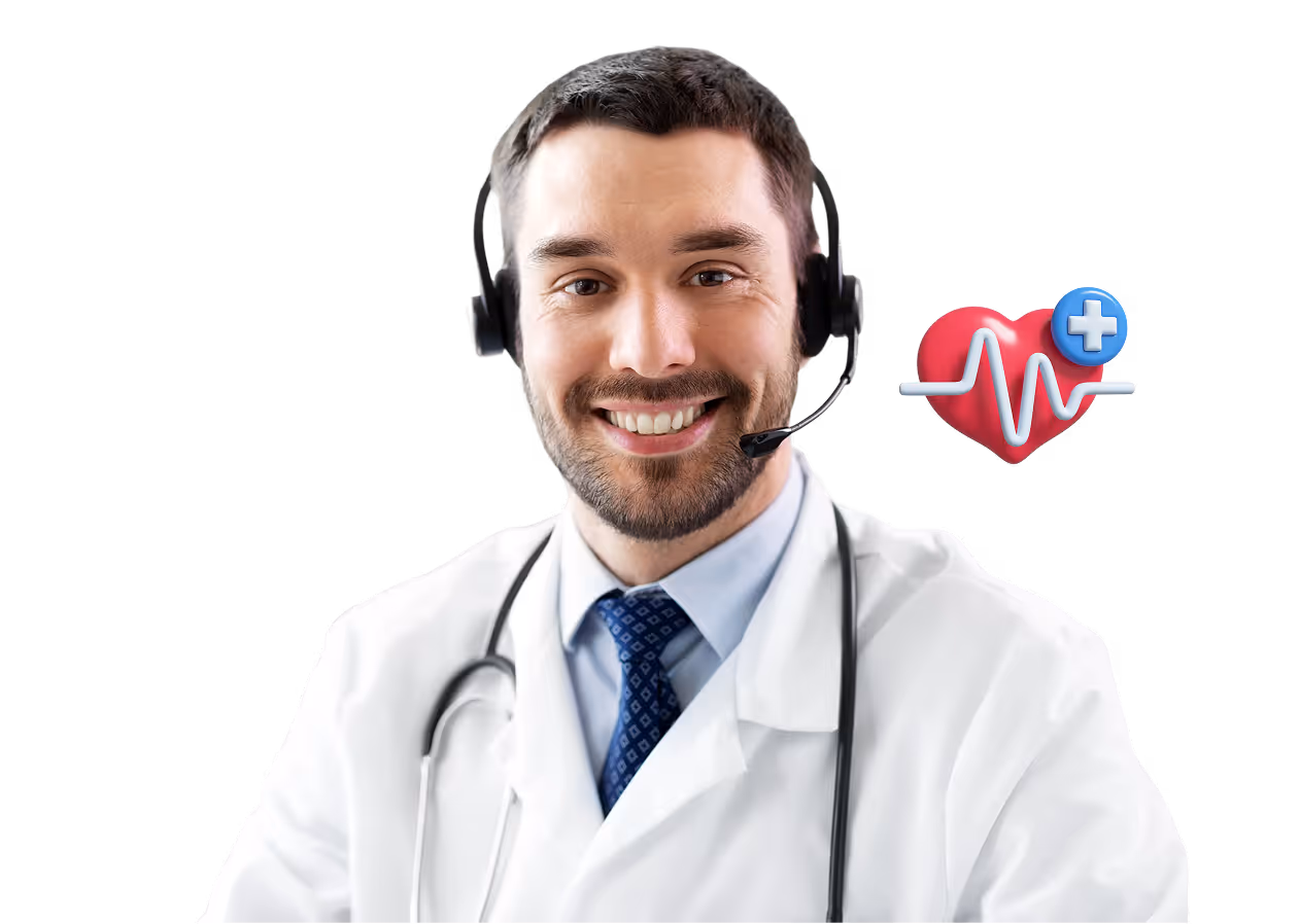 Smiling male doctor with headset, stethoscope, and heart health icon with medical cross.