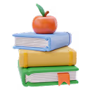 Stack of three books in blue, yellow, and green with an apple on top.
