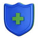 Blue shield with green medical cross symbol in the center.