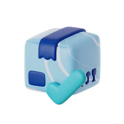 Blue cube with a checkmark symbol and decorative stripes on a white background.
