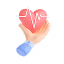 A hand holds a red heart with a white heartbeat line symbolizing health care.